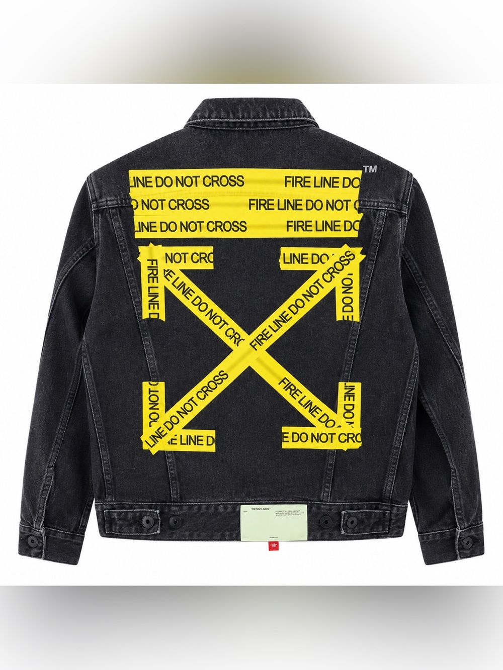 Off-White Black Denim Jacket with Yellow 'Fire Line Do Not Cross' Graphic